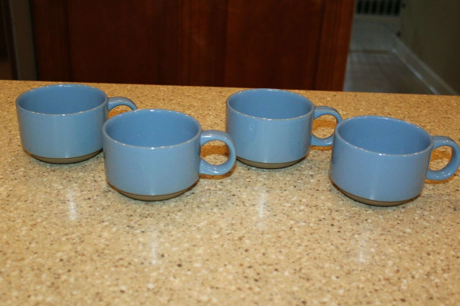 4 Midwinter Stoneware Mugs Bluestone Blue & Tan Cups