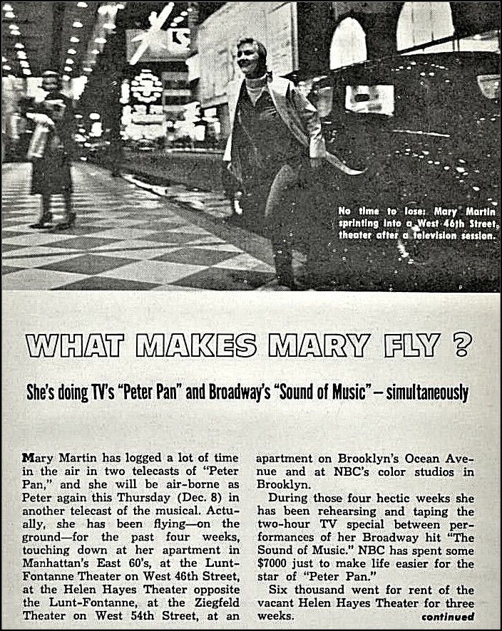 1960 Mary Martin~peter Pan~tv Premiere~what Makes Mary Fly~2 Page Tv Article