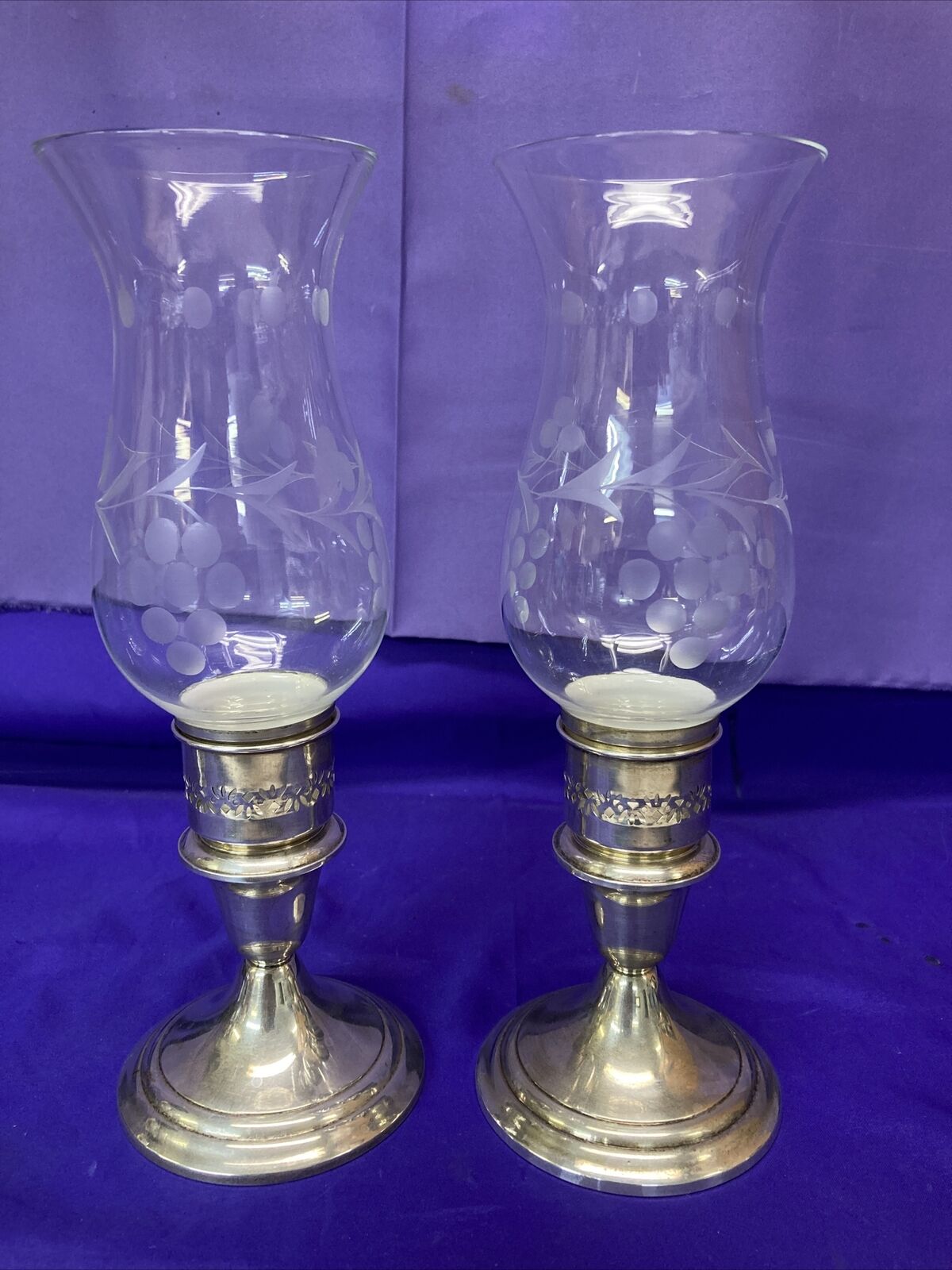 Mid Century Gorham Puritan Sterling Silver Candlesticks W Hurricane Glass